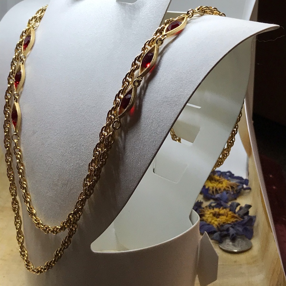Long golden vintage red crystal necklace